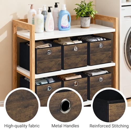 6-Pack Durable Cube Storage Bin with Decorative Wood Grain,Thickened Fabric Storage Basket Space-saving Cubby Boxes for Shelves,Closet,Bedroom,Office,Nursery,Dorm,RV, 12x12x12in (Medium - Image 4