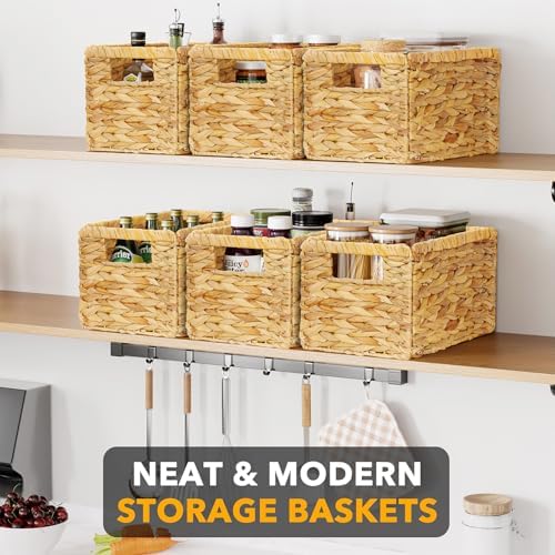 SpaceAid 6 Pack Wicker Basket, Storage Baskets for Organizing, Woven Rattan Basket with Handles for Shelves, Water Hyacinth Large Cube Organizer Storage Bin, 13x8.2x7 inch, Natural - Image 2