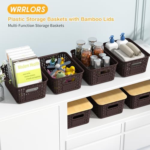 6 Pack Plastic Storage Baskets,Brown bamboo lid storage Box - Image 2