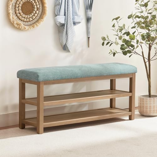 Zihanhome Shoe Rack Bench with Cushion, 2 Tier Solid Wood Storage Bench, Mid-Century Modern Shoe Bench for Entryway, Hallway, Closet, Front Door Entrance, Foyer (Teal, 46.5") - Image 3