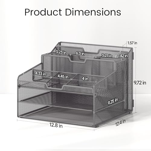 Lavatino Desk Paper File Organizer - Metal Mesh with 2 Letter Trays, 7 Flexible Dividers, 2 Vertical File Folder Holders for Office/Home/Classroom Supplies, Desk Organizers and Accessories, Grey - Image 7