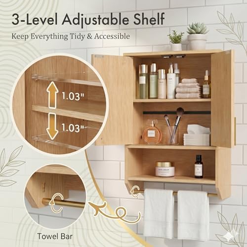 HOOBRO Narrow Bathroom Wall Cabinet with Towel Rack, Space Saving Medicine Cabinet for Small Spaces, Farmhouse Fluted Wall Storage Cabinet with Adjustable Shelf, Natural - Image 6