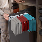 9 Arms Steel Slide Out Pants Rack Closet Pants Hanger Bar Pull Out Trousers Rack Tie Belts Scarf Racks, Wardrobe Clothes Organizers Rail Pull Out Closet Storage Rod-(Left Side Mounts) by kunghei