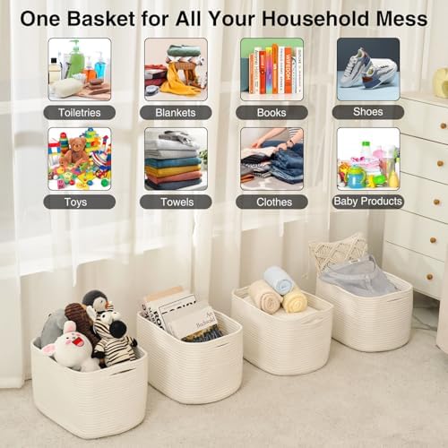 ICERZCZ Woven Cotton Rope Storage Baskets for Organizing & Shelves, Organization Bins for Dog Toys, Clothes, Books, Nursery Organizer, 15"x11"x9", Off White (4 Packs) - Image 3