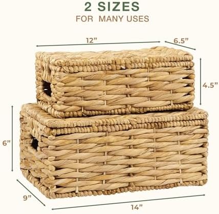 84ECO Set of 2 Wicker Baskets with Lid - Decorative Storage Boxes for Home Decor, Shelves - Woven Basket with Lid - Wicker Decor - Rattan Box - Decorative Bins with Lids (Natural) - Image 6