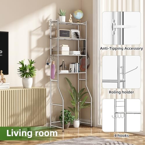 Ekisemio Over the Toilet Storage Cabinet, Metal 4 Tier Bathroom Shelves Over Toilet, Bathroom Oragnizer with 4 Hooks and Paper Holder, Chrome - Image 5