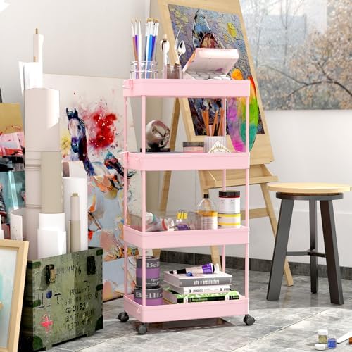 SPACELEAD 4 Tier Rolling Cart with Wheels, Storage Craft Art Trolley Organizer Serving, 3 Hanging Baskets Easy Assembly, for Office, Living Room, Kitchen - Image 5