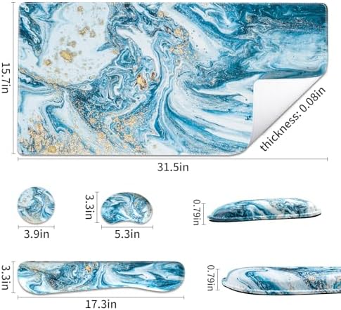 QIYI PU Leather Desk Mat Set, 4-in-1 Ergonomic Wrist Rest, Blue Marble - Image 3