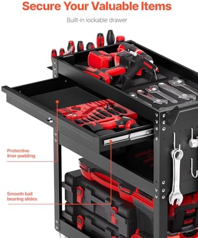 VEVOR 4-Tier Tool Cart with Wheels, 350 lbs Load Capacity, Rolling Work Cart with Drawer & Pegboard, Mechanic Tool Storage Organizer with Locking System for Garage, Warehouse and Repair Shop, Black - Image 3