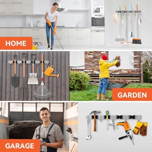 ZONGOOL 2 Pack Mop Broom Holder Wall Mount 4 Racks 5 Hooks Storage Silver - Image 7