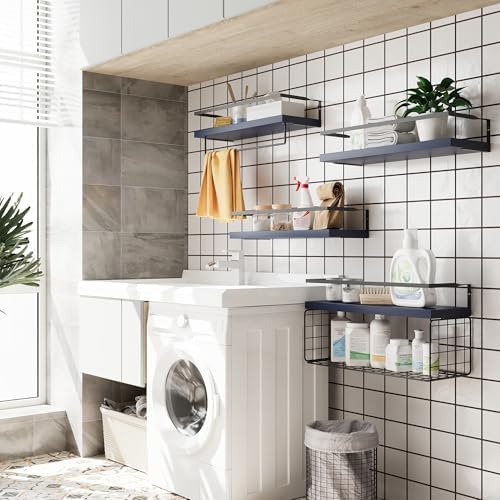 Wood Floating Shelves Wall Mounted - 4+1 Tier Rustic Bathroom Wall Shelves Over Toilet with Wire Storage Basket and Towel Bar, set of 4 Farmhouse Floating Shelf for Bathroom, Kitchen,Navy Blue. - Image 5