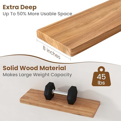 Floating Shelves for Wall, 24"Wx8"D Rustic Solid Elm Wood Floating Shelves Wall Mounted, Round Edge Wall Shelves with Invisible Bracket for Living Room Bathroom Bedroom Kitchen, Set of 2, Natural - Image 5