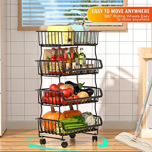 Gsiekare Fruit Vegetable Basket for Kitchen, 4 Tier Stackable Metal Wire Storage Basket Organizer Baskets with Rolling Wheels, Utility Rack for Kitchen, Pantry, Bathroom - Image 6