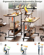 Height Adjustable Standing Desk with Power Outlets and LED Lights - 32" Manual Stand Up Desk with Monitor Stand and Storage Shelves Small Mobile Rolling Computer Desk Portable Laptop Table, Rustic - Image 4