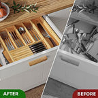 Silverware Organizer with Removable Knife Block - Bamboo Utensil Organizer for Kitchen Drawers Expandable Cutlery Organizer W12.8-20.2" x L16 x H2 (Yellow) - Image 3