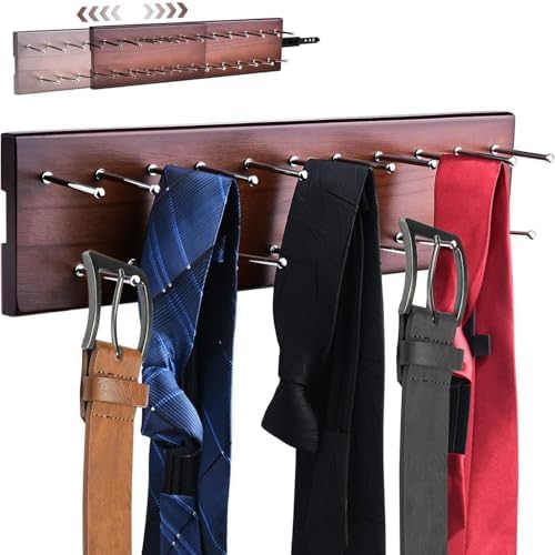 Pull Out Tie Rack for Closet, Wood Sliding Belt Rack with 21 Tie Hanger by Vrietina
