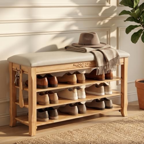 Shoe Rack Bench Entryway Storage with Leather Cushion, 31.5" by Drogenble