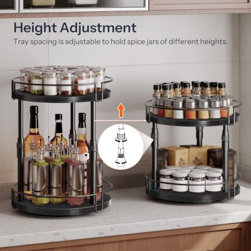 HOOBRO Lazy Susan Organizer Spice Rack, 2-Tier Height Adjustable Rotating Lazy Turntable Spice Organizer, for Kitchen Countertop and Cabinet, Black BB05TL01 - Image 5