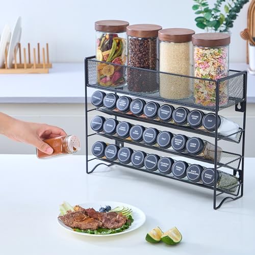 Spice Rack Organizer with 27 Spice Jars with Black Lids - Image 4
