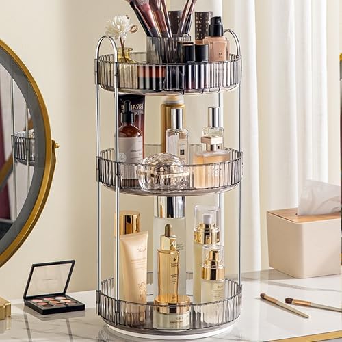 Aveniee 360° Rotating Makeup Organizer for Vanity, Upagraded Perfume Skincare Bathroom Counter Organizers with Brush Divider, 3 Tier Spinning Lipstick Cosmetic Lotion Storage,Grey by Aveniee