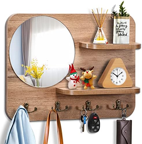 Wooden Key Rack with Mirror, Shelf and 4 Key Hooks for Rustic Entrances, Hallways, Living Rooms and Bedrooms - 16"x12" (Oak Color) by YeadCedle