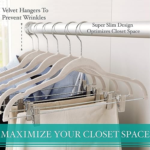Simplify 24 Pack Velvet Hangers with Clips | Skirt and Pants | Slim Space Saving | Closet Organization | Non-Slip | Prevent Creases | Swivel Neck | Durable | Ivory - Image 4