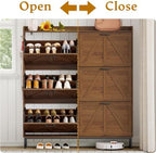Shoe Cabinet Storage for Entryway, Shoe Storage Cabinet with 6 Flip Drawers, Freestanding Narrow Shoe Rack Organizer with Metal Legs, Adjustable Shelves & Open Storage for Foyer, Hallway, Walnut - Image 4