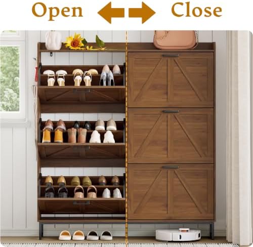 Shoe Cabinet Storage for Entryway, Shoe Storage Cabinet with 6 Flip Drawers, Freestanding Narrow Shoe Rack Organizer with Metal Legs, Adjustable Shelves & Open Storage for Foyer, Hallway, Walnut - Image 4