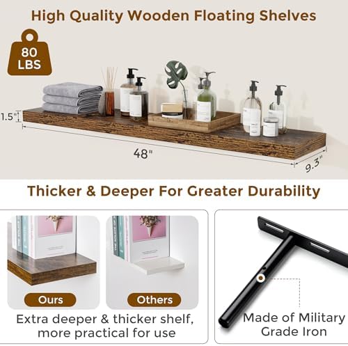 Floating Shelves for Wall, 48 in Long Rustic Wall Shelves Set of 2 - Image 3