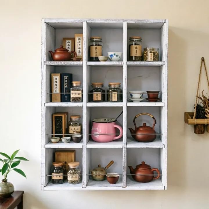 12 Grid coffee mug display shelf,17x25" Wooden cup shelf for wall, White by YIYUESHIJIU