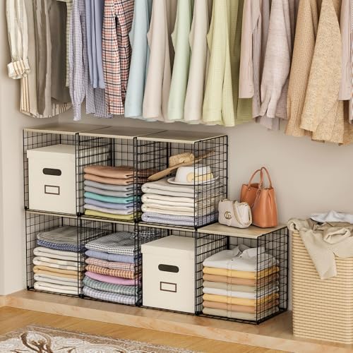 3-Pack Taller Closet Organizers and Storage with Wood Top, Stackable Wire Storage Bins for Clothes, Bags, Towels, Double Storage Design, Sturdy Metal Cube Shelf Organizer for Closet Wardrobe, Black - Image 4