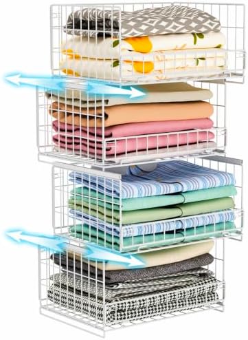Hongtamoya 4-Tier Sliding Closet Organizers and Storage Shelves, Stackable Closet Shelf Organizer Basket Bins, Drawer Shelf Storage Container for Wardrobe Cupboard Kitchen Bathroom Office, White by Hongtamoya