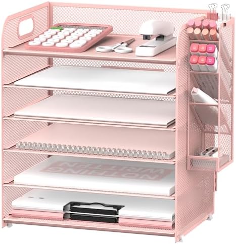 Supeasy 6 Tier Desk Organizer with 4 Pen Holders & Mesh Paper Trays Pink by SUPEASY