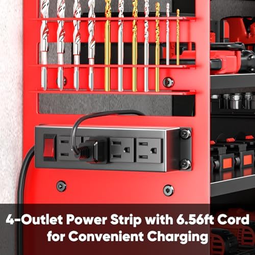POKIPO Large Power Tool Organizer Wall Mount with Charging Station,4 Layer Heavy Duty Metal Tool Storage Shelf Loads 600lbs,Battery Utility Rack With 4 Outlet Power Strip with 8 Cordless Drill Holder - Image 3