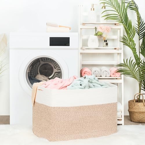 MINTWOOD Design 112L Extra Large Blanket Basket Holder Living Room, 25"x17"x16" Rectangle Rope Woven Storage Basket with Handles for Laundry, Pool Towels, Shoes, Dog Toy Organizer Bin Box, Light Brown - Image 3
