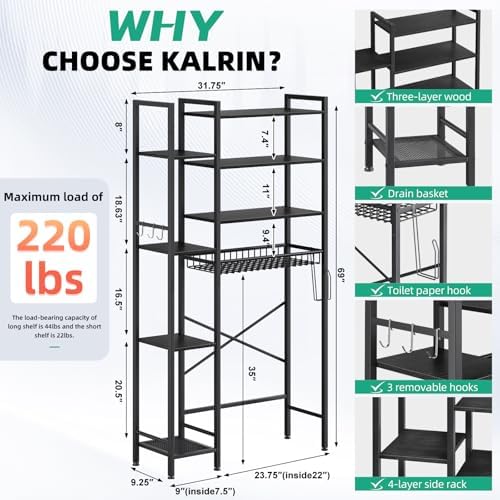 Kalrin 8-Tier Over The Toilet Storage with Side Rack, Over Toilet Storage Rack with Adjustable Shelf & Drain Basket, Freestanding Bathroom Organizer for Balcony, Laundry (Pure Black) - Image 2