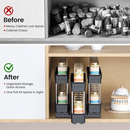 Mystozer Pull Out Spice Rack Organizer for Cabinet, Slide Out Spice Racks Organizer, Easy to Install Spice Cabinet Organizers, 8.5''Wx10.5''Dx8.3''H, 3 Drawers - 2 Tiers (Black) - Image 6