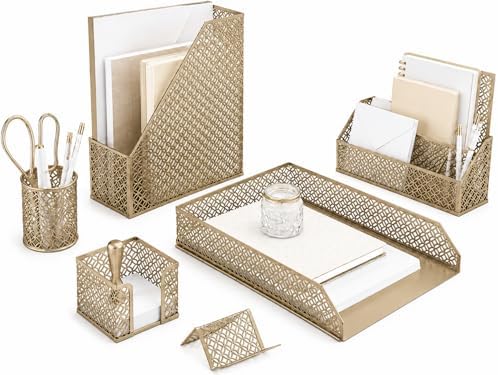 BLU MONACO | Gold Desk Organizer Set with Mail Sorter, Sticky Note Holder, Pen Cup, Magazine Holder, Letter Tray & Business Card Holder | Stylish Desk Accessories for Women & Home Office Décor by Blu_Monaco