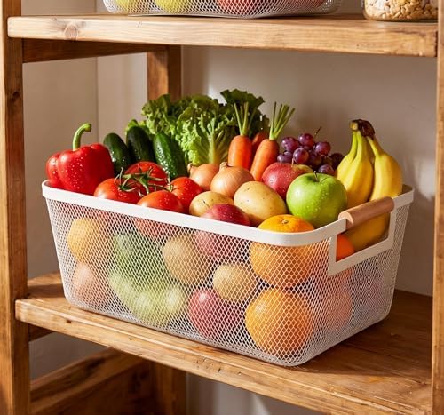 2-Pack Metal Mesh Basket, Medium Wire Storage Organizer with Wood Handle for Kitchen Pantry, Bathroom, Cabinet, Closet, Picnic & Home Organization , Medium, White - Image 3
