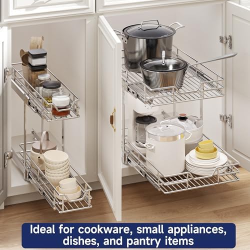2-Tier Pull Out Cabinet Organizer, 9" W x 21.5" D, Heavy Duty Dual Slide Out Shelves for Narrow Base Cabinets, Chrome Wire Basket Drawer for Spices, Bottles & Snacks - Image 6