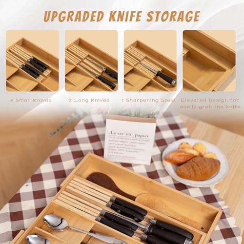 Becko US Bamboo Expandable Silverware Drawer Organizer With Knife Block - Image 3