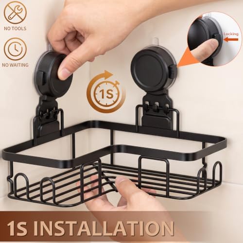 Moforoco Corner Shower Caddy Suction Cup, No Drilling Stainless Steel Shower Shelves, Portable/Movable Large Suction Cup Shower Organizer with Hooks Bathroom Storage Rack(Black) - Image 2