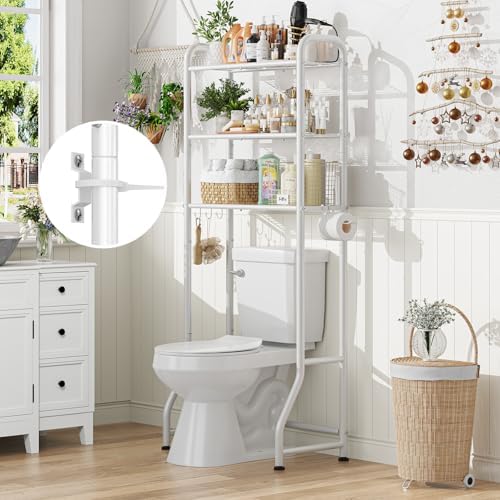 Simple Trending Over The Toilet Storage Rack, Metal 3 Tier Bathroom Organizer Shelf with Paper Holder and 3 Hooks, Freestanding Shelf Space Saver Above Toilet, White - Image 4