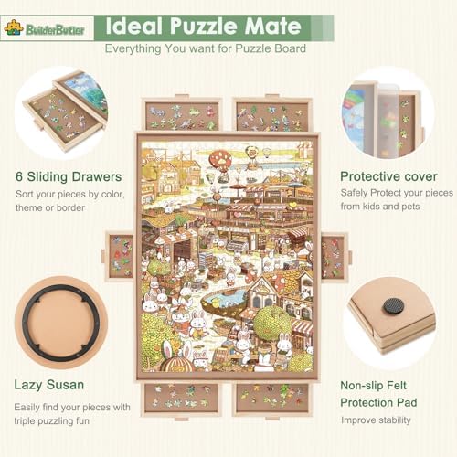 BuilderButler 2000 Pieces Rotating Puzzle Board with 6 Drawers,40.16"x28.5" Portable Wooden Jigsaw Puzzle Table with Lazy Susan Spinning Cover for Adults - Image 2