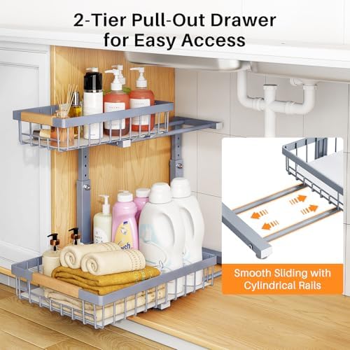 PXRACK Under Sink Organizer, Adjustable Height, 2 Tier Pull Out Under Cabinet Organizer, Slide Out Thickened Metal Under Sink Storage for Kitchen Bathroom Laundry Pantry Cabinet, Grey, Large-1-Pack - Image 3