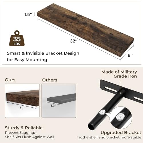 RICHFOCUS Bathroom Floating Shelves for Wall 2Pack|Rustic Brown|32" L - Image 3