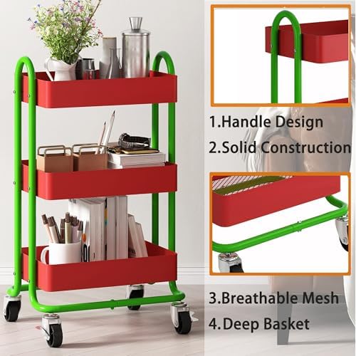 Metal Rolling Cart,3-Tier Metal Rolling Cart with Wheels,3 Tier Utility Cart with Wheels for Office,Home,Kitchen,Garden（13.4"x18.1"x31"） Red+Green - Image 4