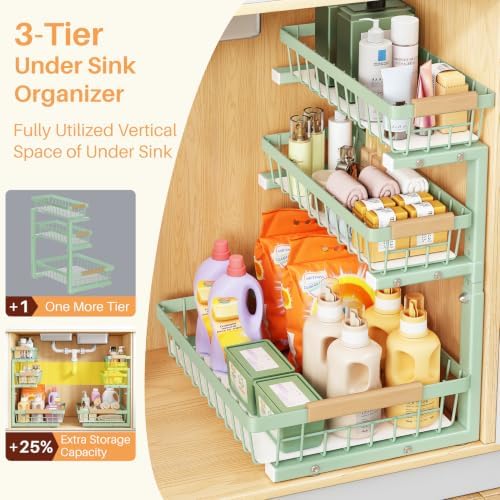 PXRACK Under Sink Organizer, 1-Pack 3-Tier Height Adjustable Thickened Metal Pull out Cabinet Organizer Shelf, Slide out Storage Drawer Rack for Bathroom Kitchen Pantry Home Organization, Green - Image 3