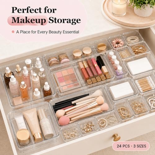 24 Pcs Clear Adjustable Drawer Organizer, 3-Size Expandable Desk Drawer Organizer Box, Acrylic Storage Bins for Makeup, Cosmetic, Kitchen Utensils, Bedroom Dressers Tool Organizer for Gadgets (24) - Image 6