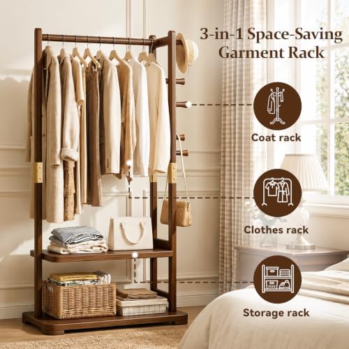 Taitiy Coat Rack Solid Wood Clothes Rack Storage 2 Shelves 5 Hooks - Image 3